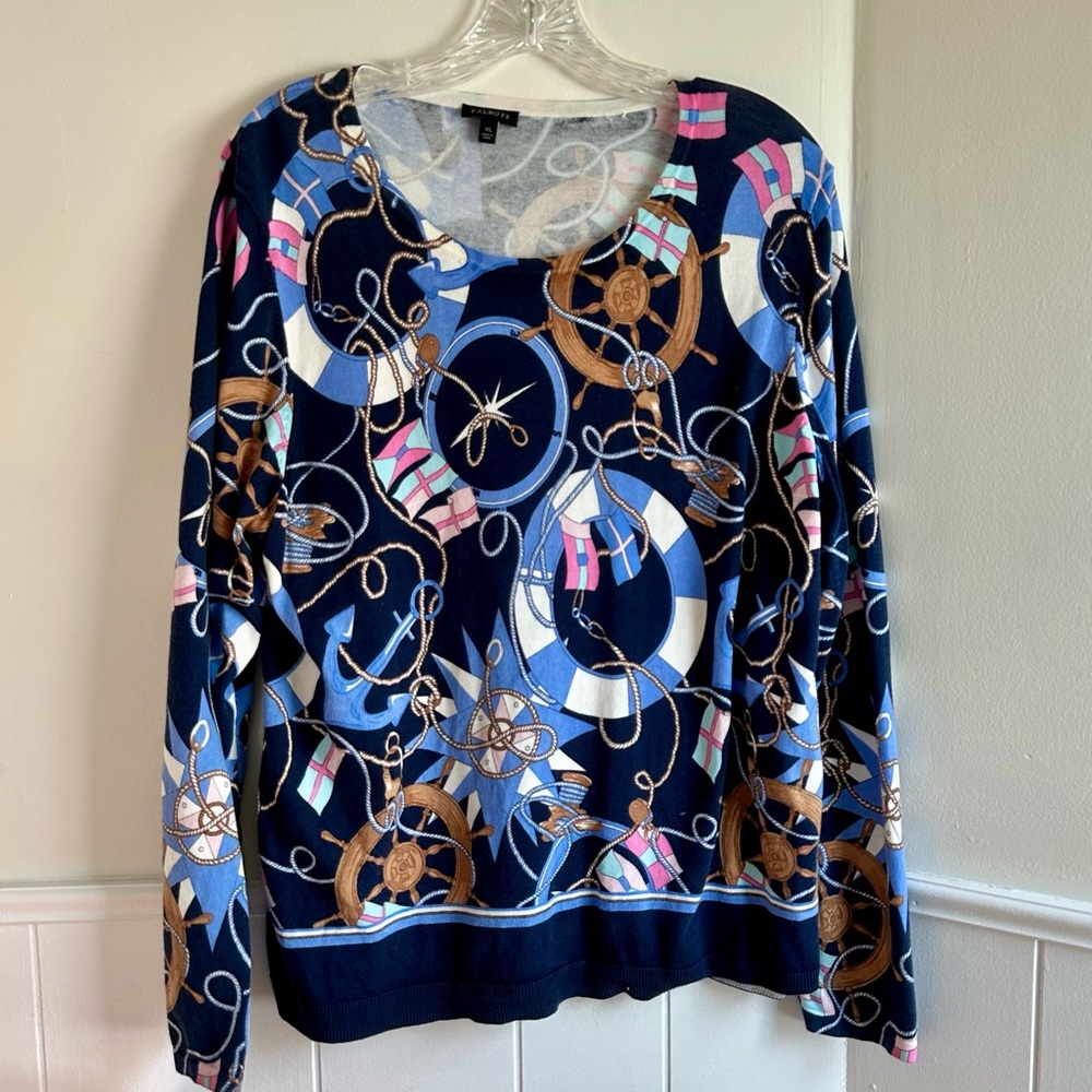 Talbots Navy Nautical Anchor Print Crew Neck Sweater Women’s Size XL